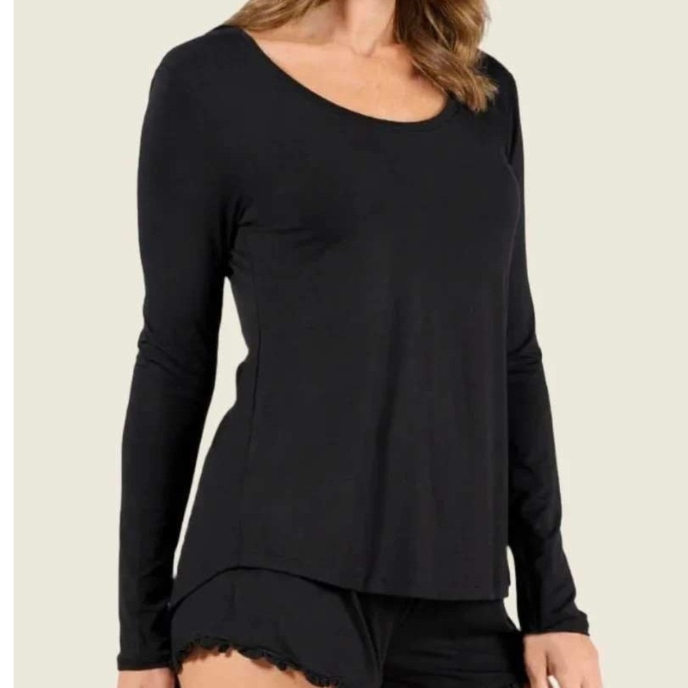 Faceplant Dreams Pajama Top Womens Large Black Bamboo Viscose Satin Trim Soft